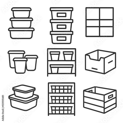 Modular Storage Icons. Line style icons of modular storage systems: square food boxes, labeled stackables, grid storage set, color