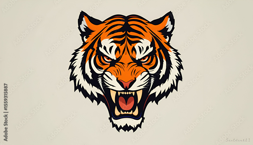 Fierce tiger face illustration showing its teeth and stripes with a dynamic vector art style on a bright background. Fierce tiger face illustration showing its teeth and stripes with a dynamic vector art style on a bright background.