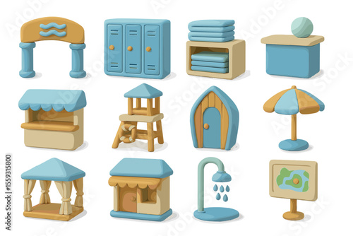 Cute beach-themed clay models: umbrella, shower, hut, locker, playset