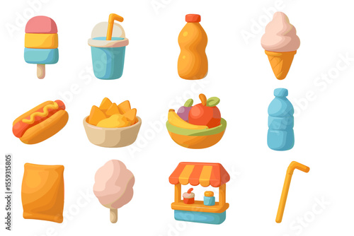Colorful assorted snacks and drinks icons on gradient background