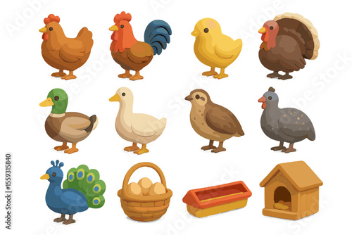 Colorful cartoon farm animals collection with chicken, ducks, and accessories