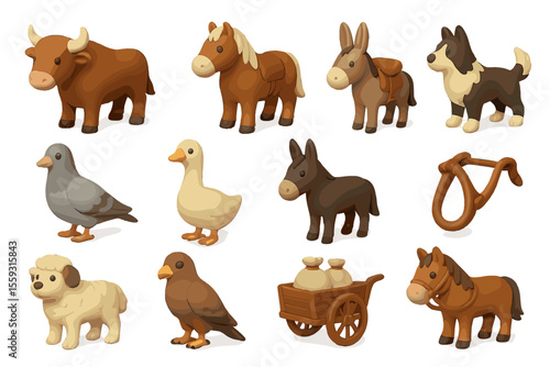 Collection of cute cartoon farm animals with accessories on display
