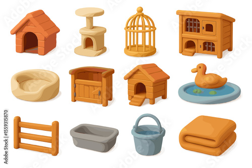 Colorful clay pet toys and accessories collection on gradient background