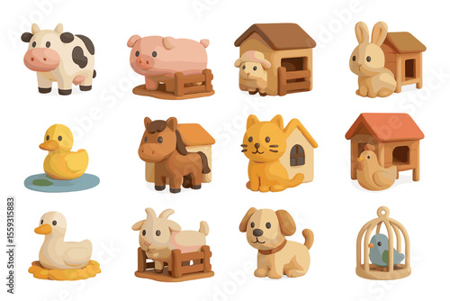 Cute cartoon farm and household animals with miniature houses