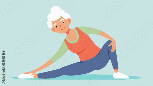 An elderly person practicing seated stretches with the quote Stretching can improve flexibility and reduce stiffness allowing for better movement and brain function in seniors.. Vector illustration