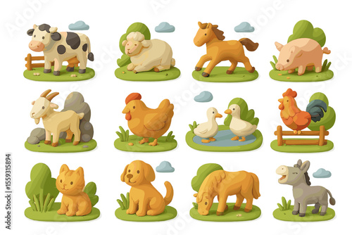 Cute farm animal figurines in pastel colors on green field display