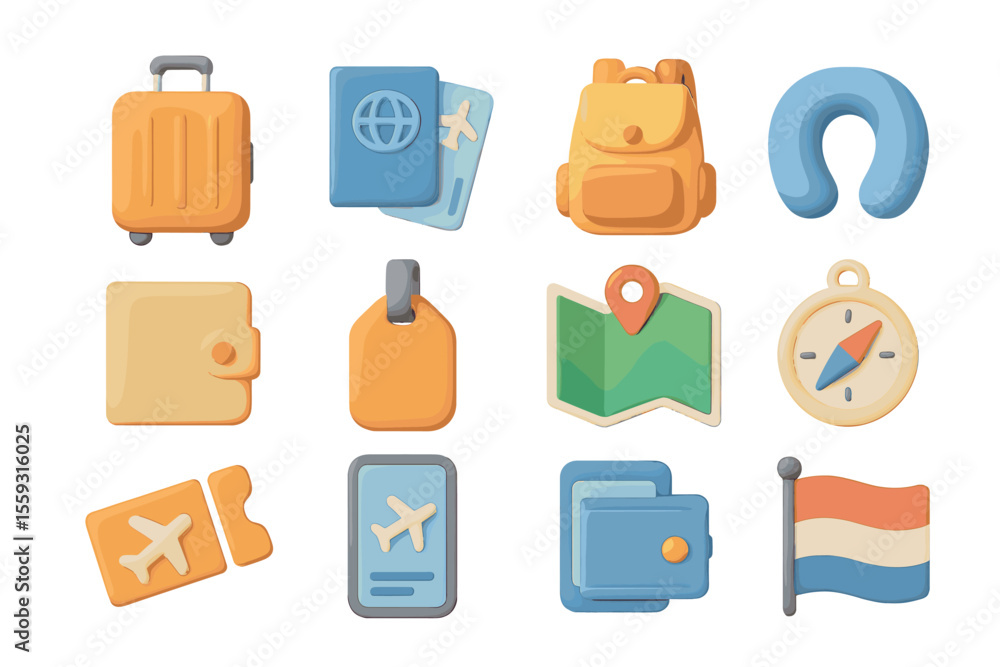 Travel essentials icons: passport, luggage, map, compass and more Travel essentials icons: passport, luggage, map, compass and more