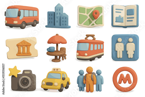 Colorful travel icons featuring transportation and tourist attractions
