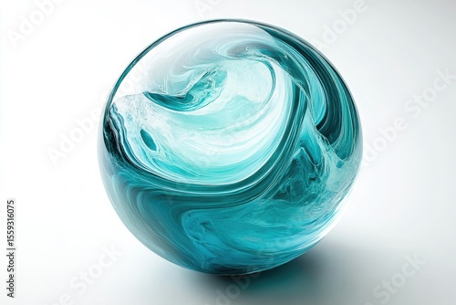 A mesmerizing sphere encasing swirling turquoise and white hues, resembling an ocean's turbulent embrace captured in glass.