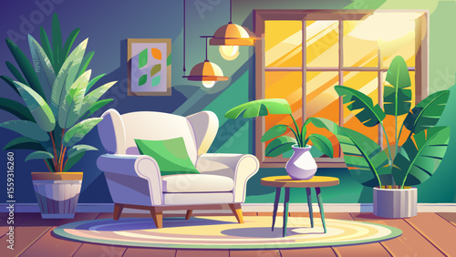 A peaceful living room interior with a white armchair beside a vibrant green plant, featuring soft lighting, natural textures, and warm tones in a stylish 3D rendering that radiates calm elegance.