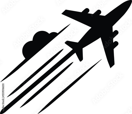 Modern Airplane Flying High Through Clouds with Speed Streaks. Modern Airplane Soaring Through Clouds at High Speed . Aviation Power and Motion