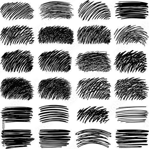 A versatile set of hand-drawn vector scribble textures. Black grunge hatching and sketchy shapes for artistic projects and creative backgrounds. Isolated graphic elements.