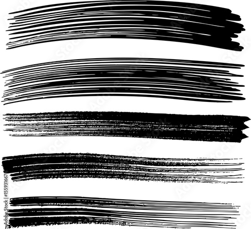 A set of hand-drawn vector brush strokes with a curved, dynamic shape. Bold grunge textures with a dry brush effect, ideal for banners, underlines, and artistic overlays.