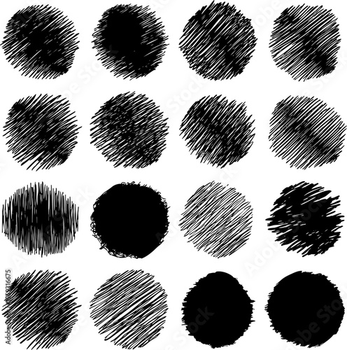 A set of hand-drawn vector scribble circles and textures. Collection of black grunge hatching and sketchy dots for artistic projects. Isolated graphic elements for design.