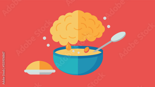Show a brain being fueled by a bowl of oatmeal which contains B vitamins that support memory and concentration.. Vector illustration