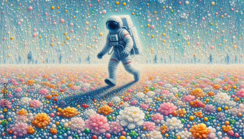 An illustration in the style of a tapestry of an astronaut running across a field with flowers on an unknown planet. Vector graphics. EPS.