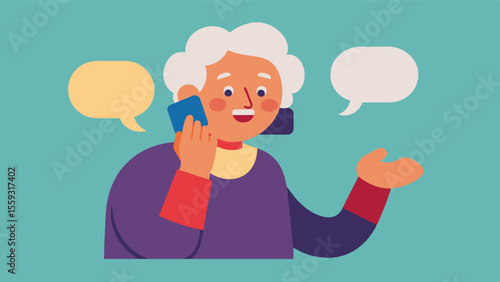 An elderly person talking on the phone with a friend sharing updates and chatting for hours. The regular communication and virtual support from their friends promoting feelings of. Vector illustration