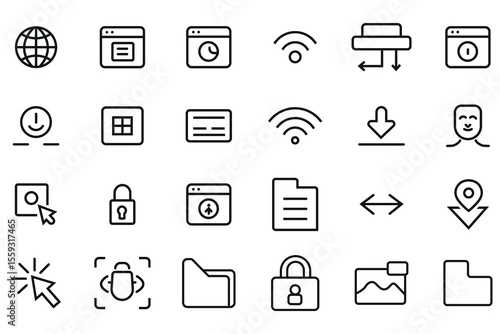 Minimalist Line Art UI Icons Set – 24 Clean Vector Symbols for Web, App, Tech, Network & Security