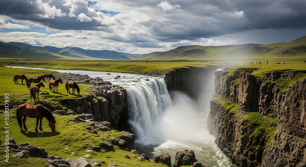 Fototapeta premium Stunning Waterfall Landscape with Horses and Dramatic Sky