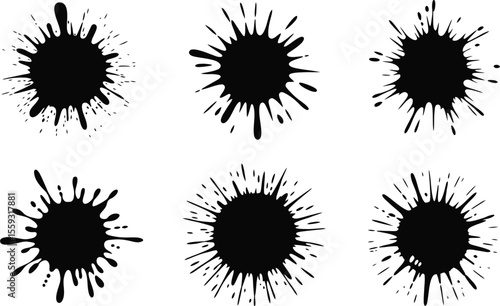 Wallpaper Mural A set of six black ink splatters arranged in two rows on a plain white background space Torontodigital.ca