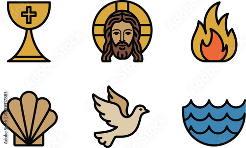 Illustrations of christian symbols including a chalice, jesus, fire, dove and water