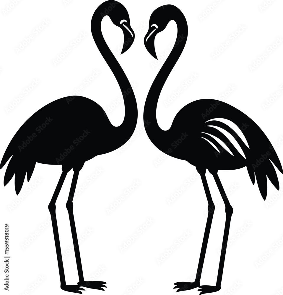 Obraz premium Two elegant flamingos standing gracefully in silhouette forming a heart shape with their necks. Flamingo Heart Silhouette, Two Graceful Flamingos Forming a Heart with Their Necks Vector Art.