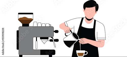 A barista pouring coffee from a pitcher into a cup next to an espresso machine on a table