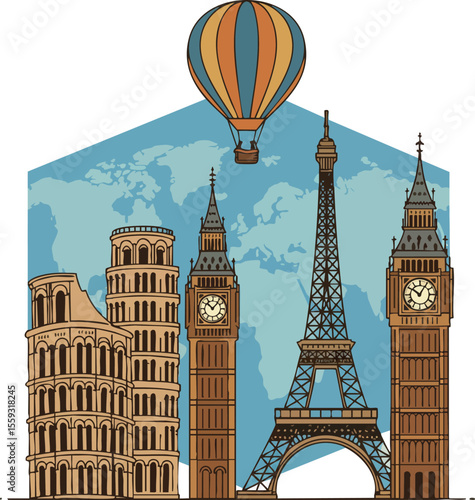 Famous landmarks including Leaning Tower of Pisa Eiffel Tower Big Ben with hot air balloon and world map background vector illustration