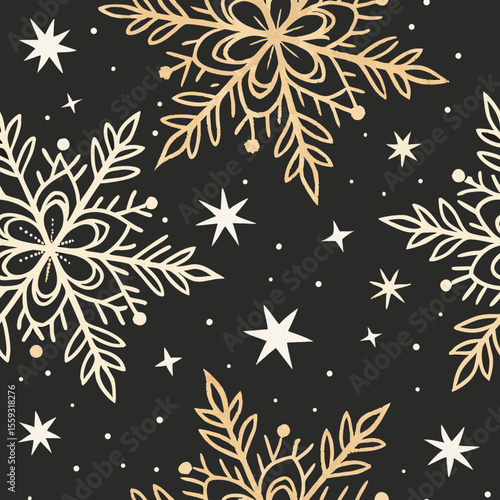 Elegant seamless Christmas pattern with golden snowflakes on dark backdrop. This elegant seamless Christmas pattern is festive with golden hues and a repeating tile design.