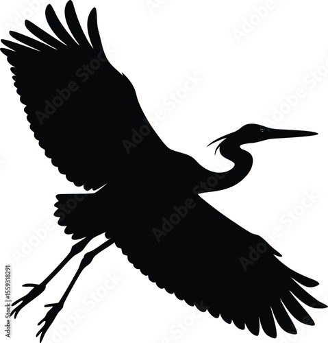Silhouette of a majestic great blue heron in full flight displaying its wingspan. Great Blue Heron in Flight Silhouette,  Majestic Bird with Full Wingspan Vector Art.