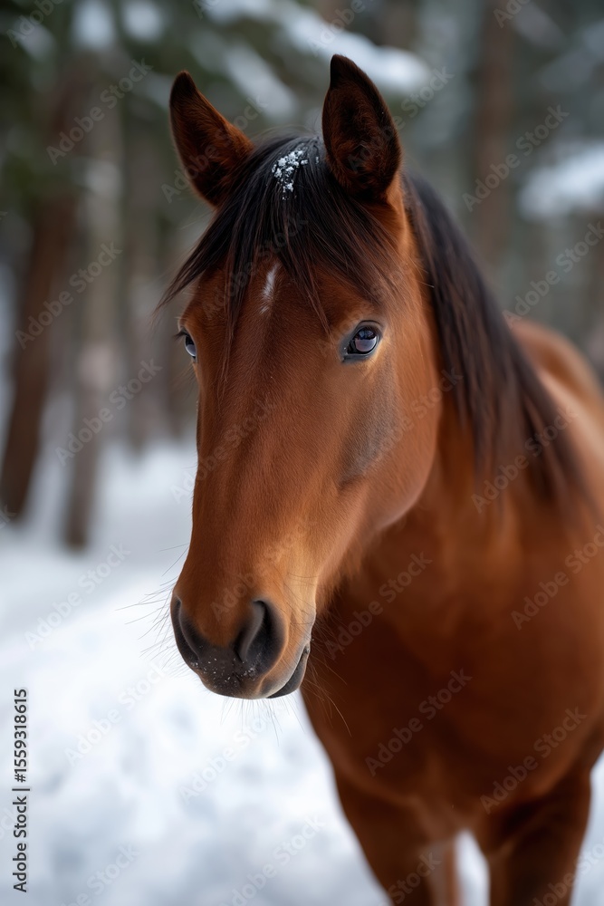Fototapeta premium Chestnut horse in snowy forest with gentle expression