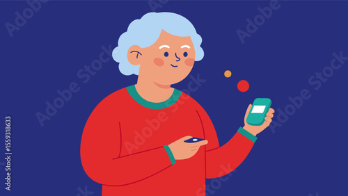An older person using a wearable glucose monitor to track their sugar levels and manage their diabetes.. Vector illustration