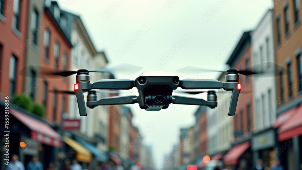Obraz premium Delivery drone flying above city street