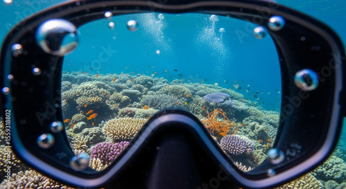 Underwater perspective through a diving mask exploring a vibrant tropical coral reef