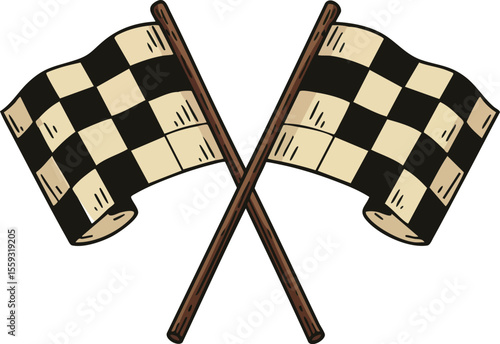 Checkered racing flags crossed on wooden poles symbolizing motorsport competition and victory celebration vector illustration