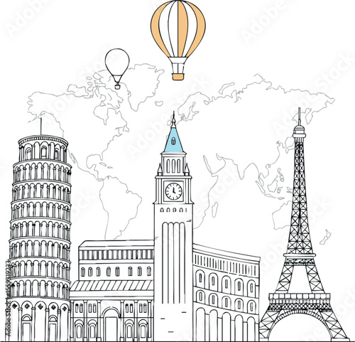 Famous landmarks including Leaning Tower of Pisa clock tower and Eiffel Tower with hot air balloons and world map background vector illustration