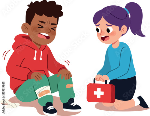 Injured boy with bandaged knees receiving first aid help from concerned girl holding medical kit vector illustration