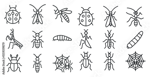 Sixteen black-and-white insect illustrations of various shapes and sizes.