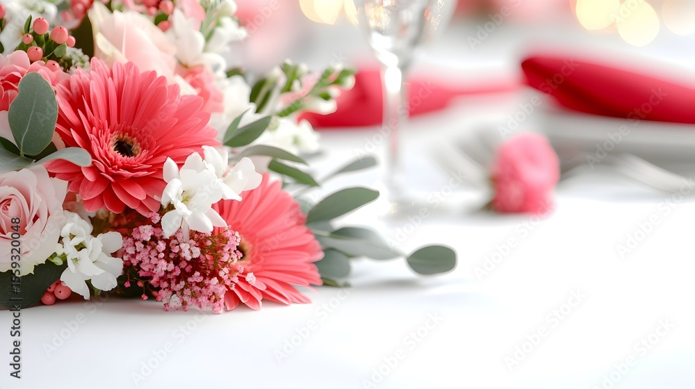 Festive floral centerpiece, wedding reception table, blurry background Festive floral centerpiece, wedding reception table, blurry background