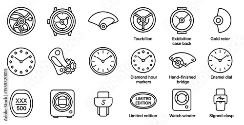 Various watch designs displayed in grayscale illustrations with labels underneath.