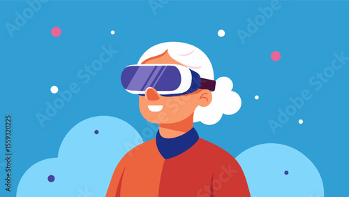 A virtual reality headset used by an elderly person to participate in social activities and interact with others reducing feelings of loneliness and promoting mental wellbeing.. Vector illustration