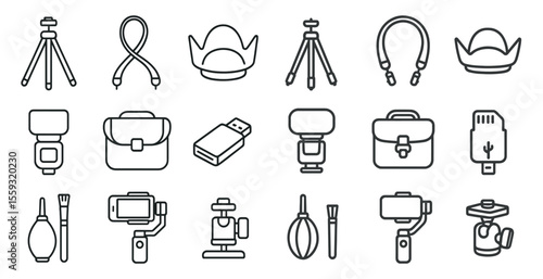 Camera equipment icons: tripods, bags, lights, gimbals, microphones, straps.