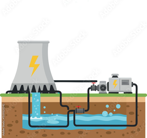 Hydroelectric power plant energy generation with water flow and turbine system vector illustration