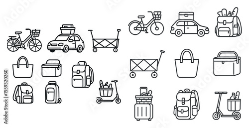 Bicycles, cars, luggage, and scooters illustrated in simplistic line drawings.