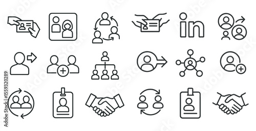 Set of icons for LinkedIn, including a handshake, a person with a LinkedIn card, and a person with a LinkedIn logo
