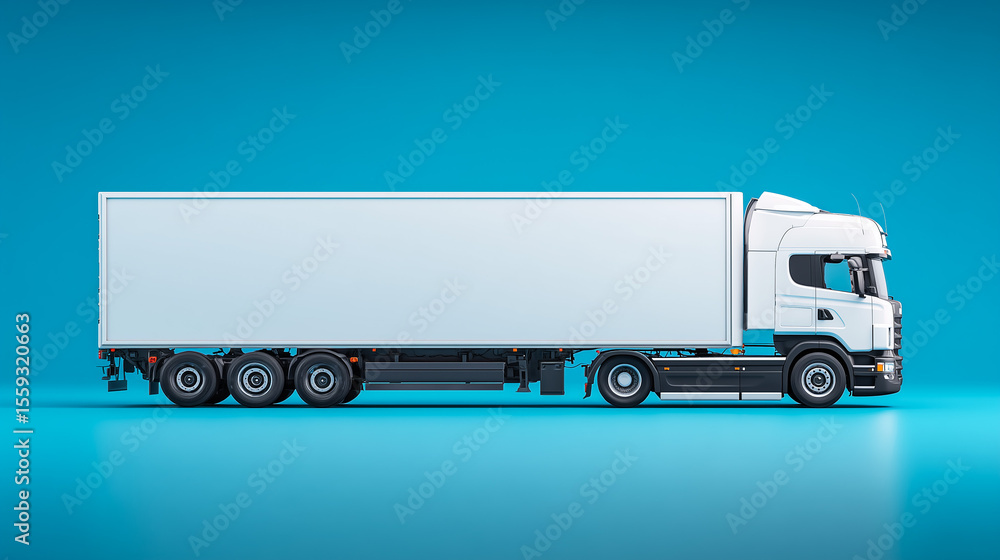 White semi-truck with a long trailer on a solid blue background. White semi-truck with a long trailer on a solid blue background.