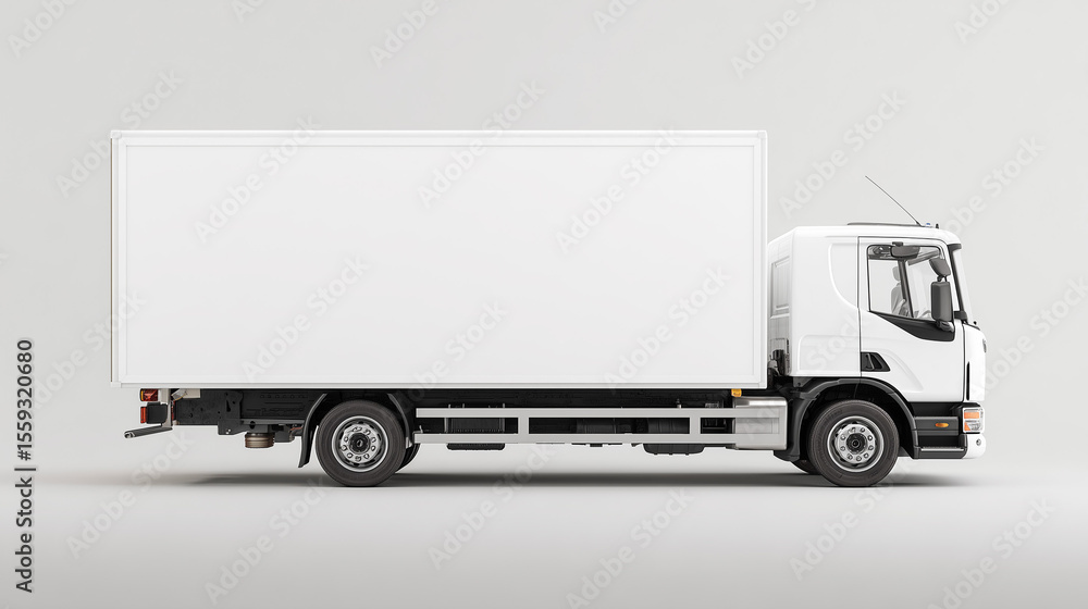 White medium-duty box truck on a plain light gray background. White medium-duty box truck on a plain light gray background.