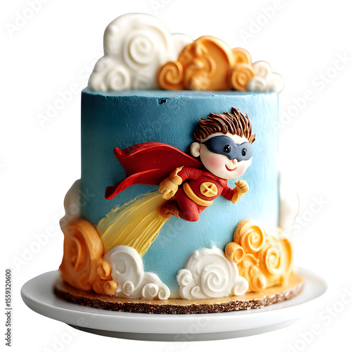A blue birthday cake with a fondant superhero flying on top, isolated on a white background