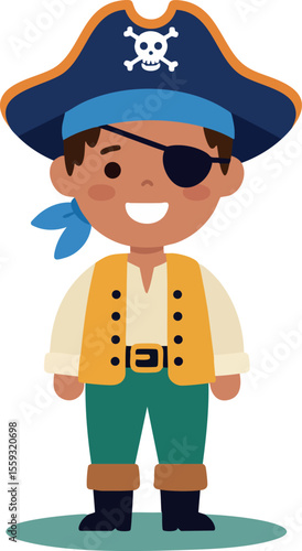Pirate character with eyepatch and hat smiling in cartoon style vector illustration for children and storytelling use