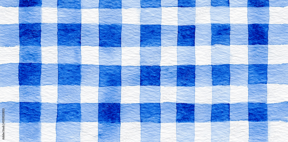 Blue and white checkered fabric pattern in a watercolor style. Blue and white checkered fabric pattern in a watercolor style.